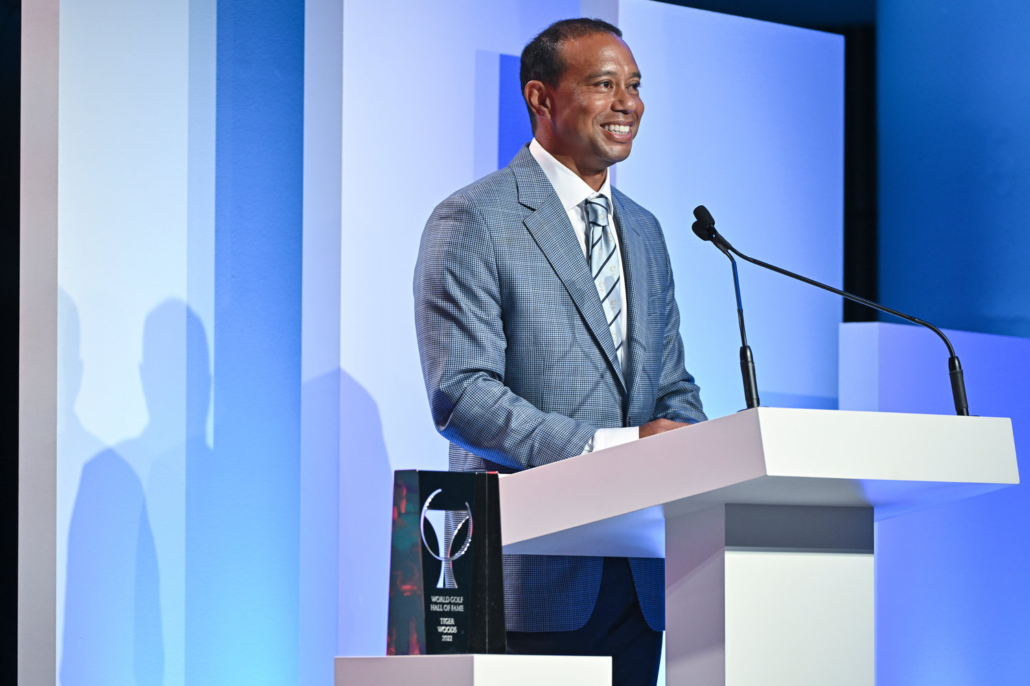 Tiger Woods speaks after being inducted during the World Golf Hall of Fame.